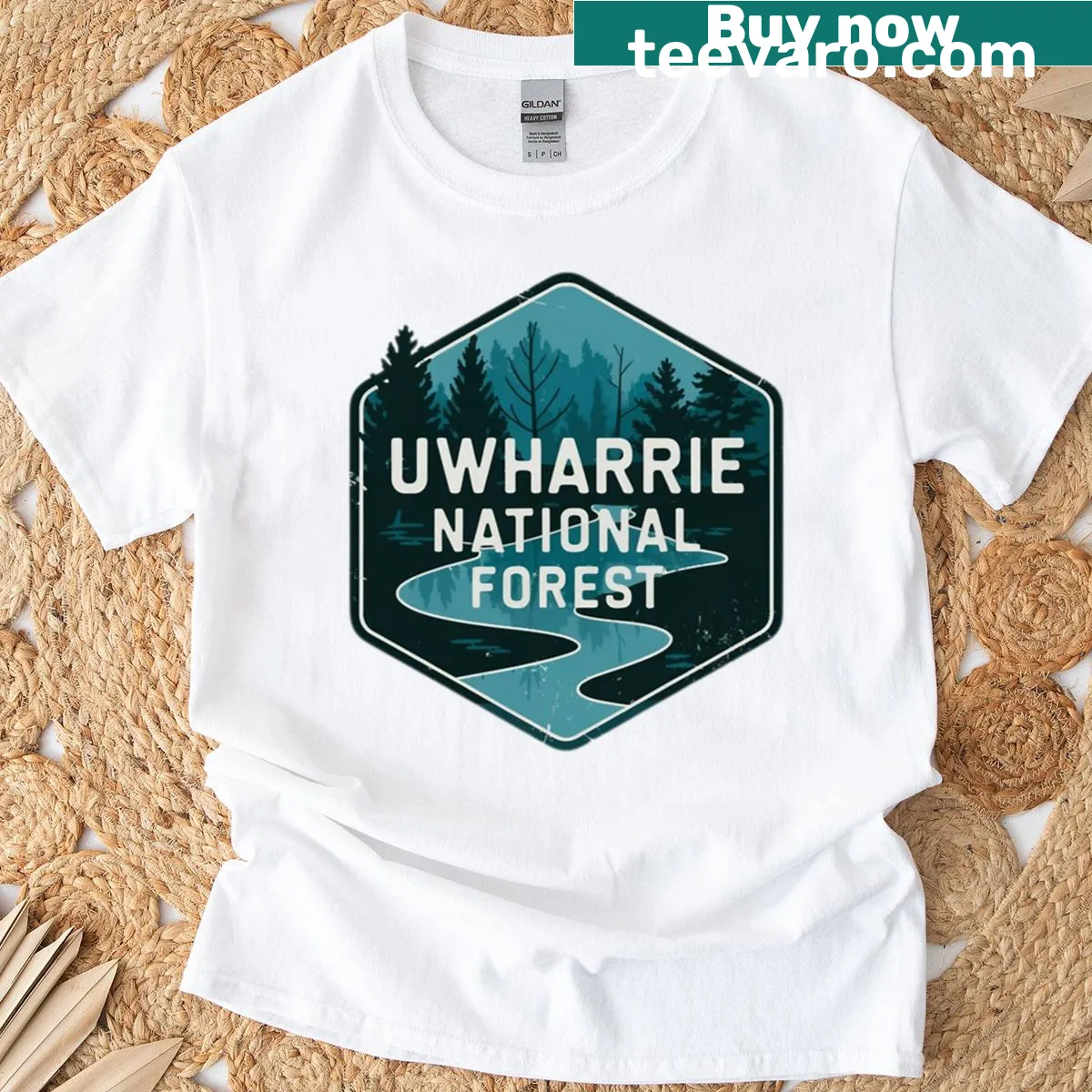 Retro hex badge T-shirt representing Uwharrie National Forest — on a men's t-shirt