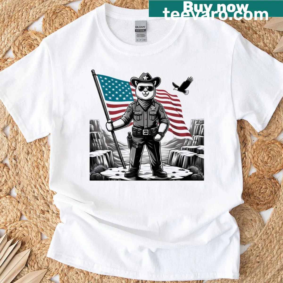 Vintage alpaca and American flag graphic t-shirt with a country theme — on a men's t-shirt