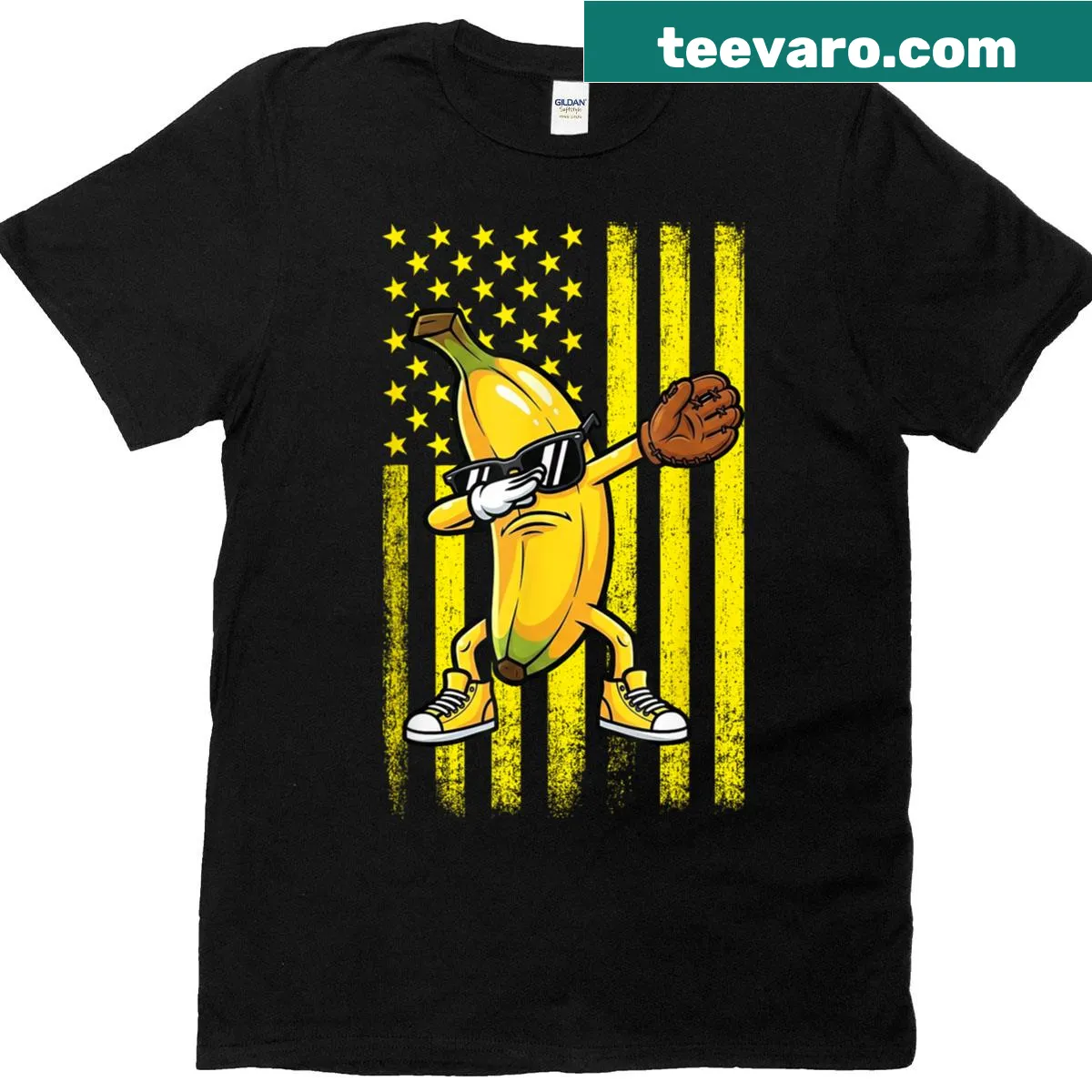 Dabbing banana graphic with retro American flag design — on a men's t-shirt