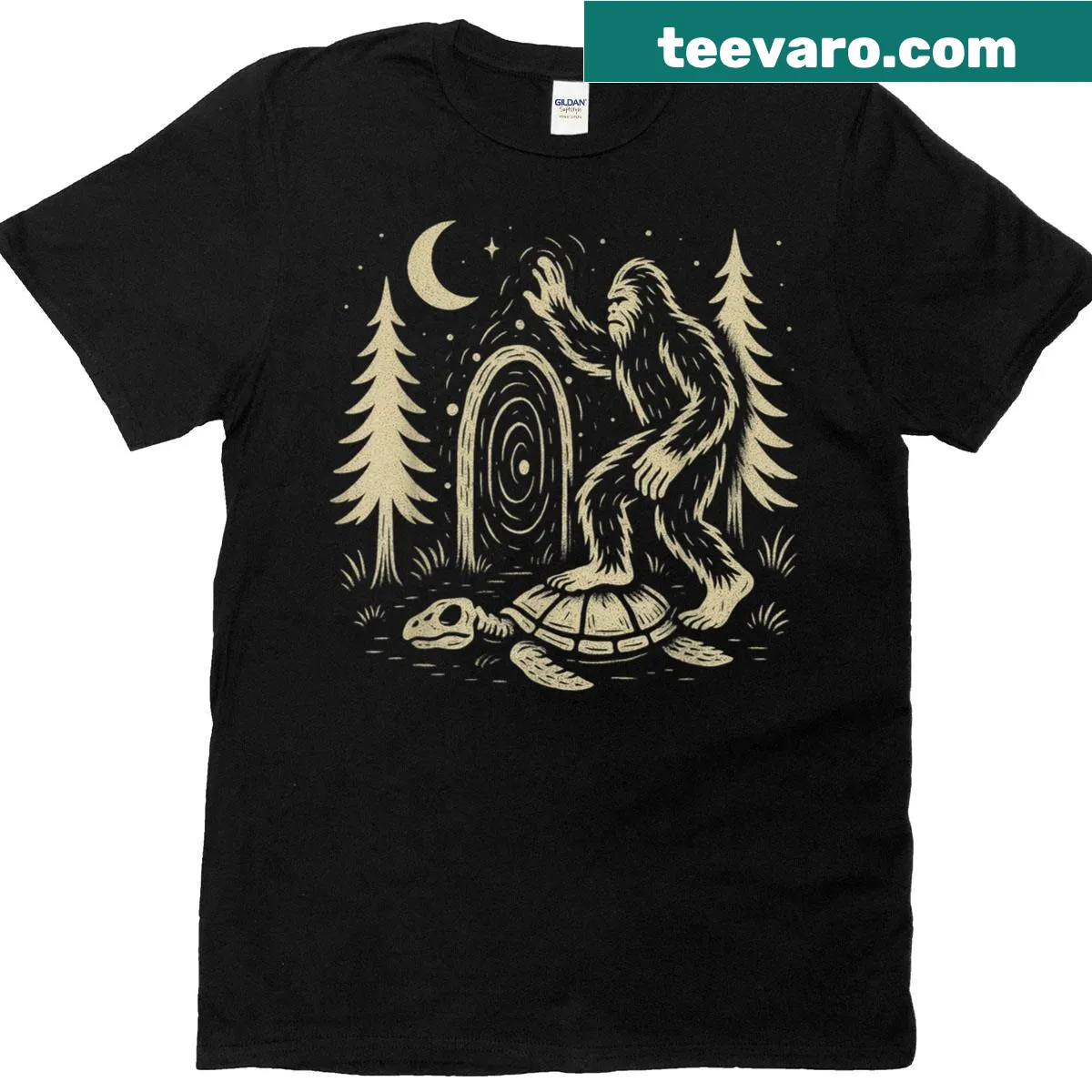 Vintage Bigfoot riding a turtle through a forest portal graphic — on a men's t-shirt