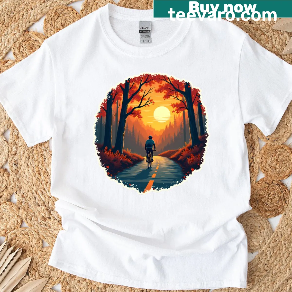 Retro t-shirt featuring a bicycle against an autumn backdrop — on a men's t-shirt