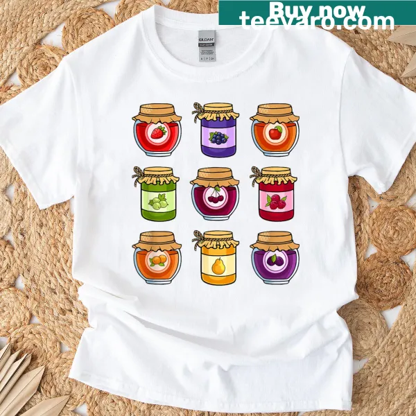 Vintage-style T-shirt featuring illustrated jam jars celebrating homemade preserves