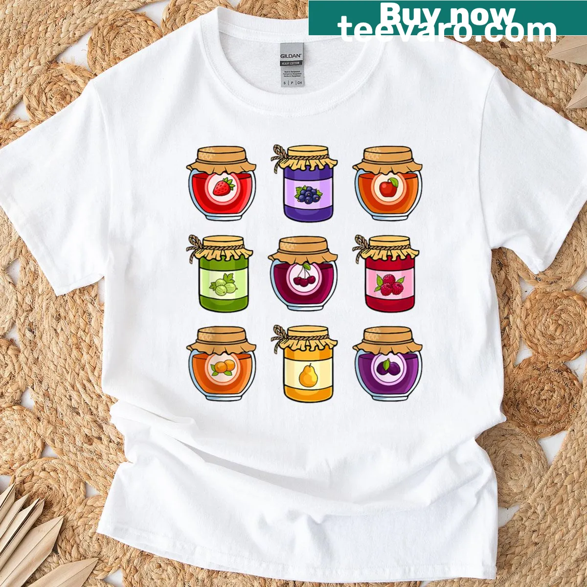 Vintage-style T-shirt featuring illustrated jam jars celebrating homemade preserves — on a men's t-shirt
