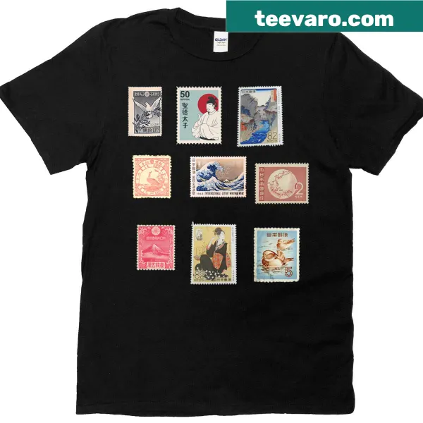 Vintage t-shirt featuring traditional Japanese stamp designs