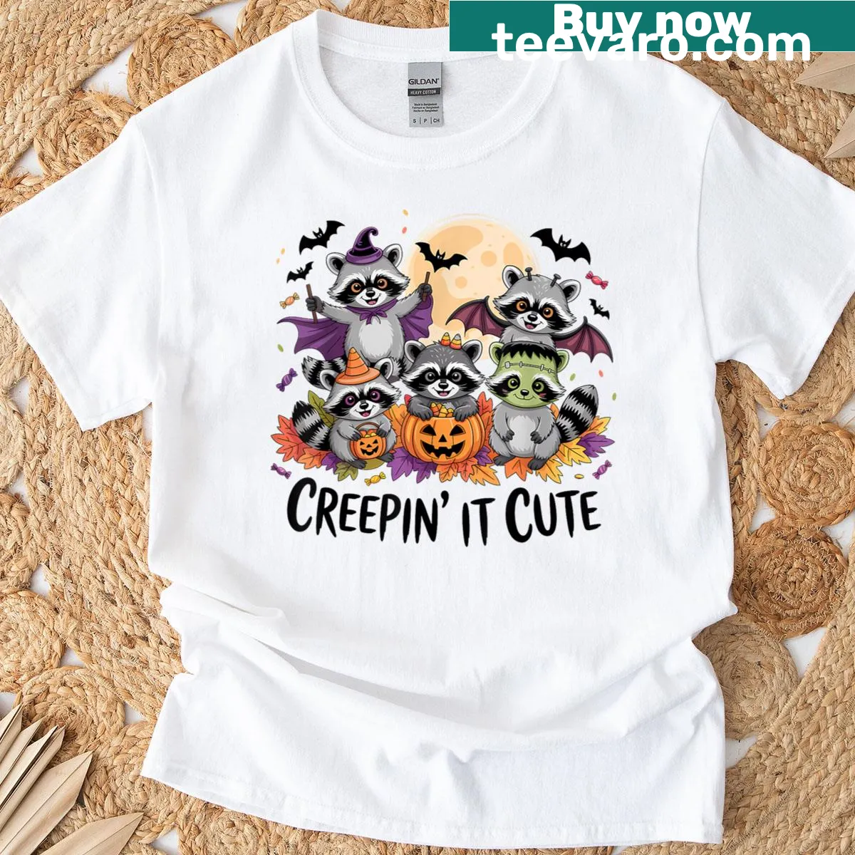 Funny Halloween t-shirt with a raccoon and pumpkin design — on a men's t-shirt