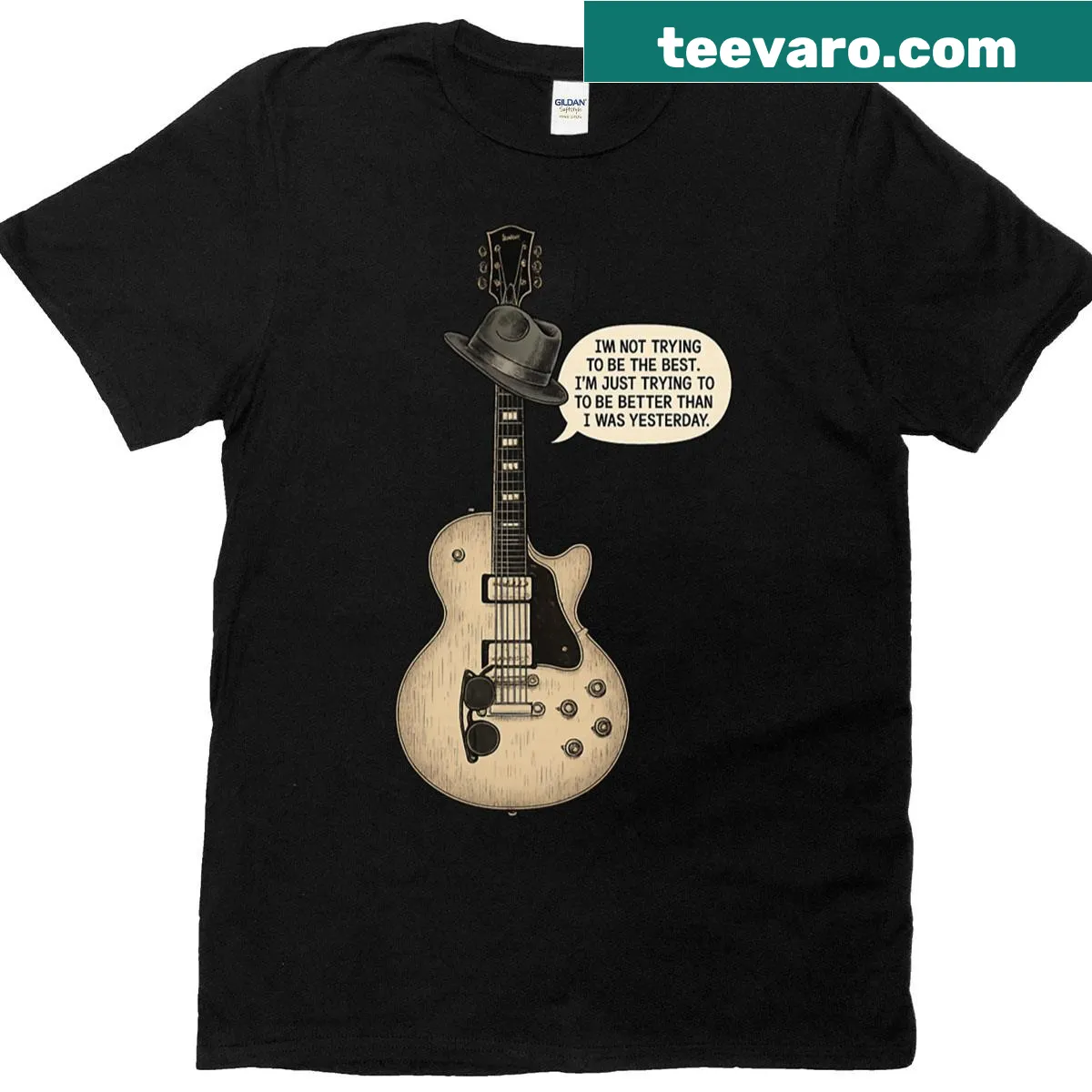 Retro-style t-shirt featuring a humorous Dangelico guitar graphic — on a men's t-shirt