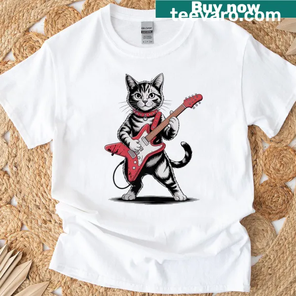 Funny T-shirt featuring a vintage cat playing guitar in a humorous illustration.