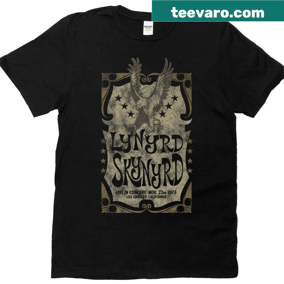 Vintage 1973 concert T-shirt with eagle graphic — on a men's t-shirt
