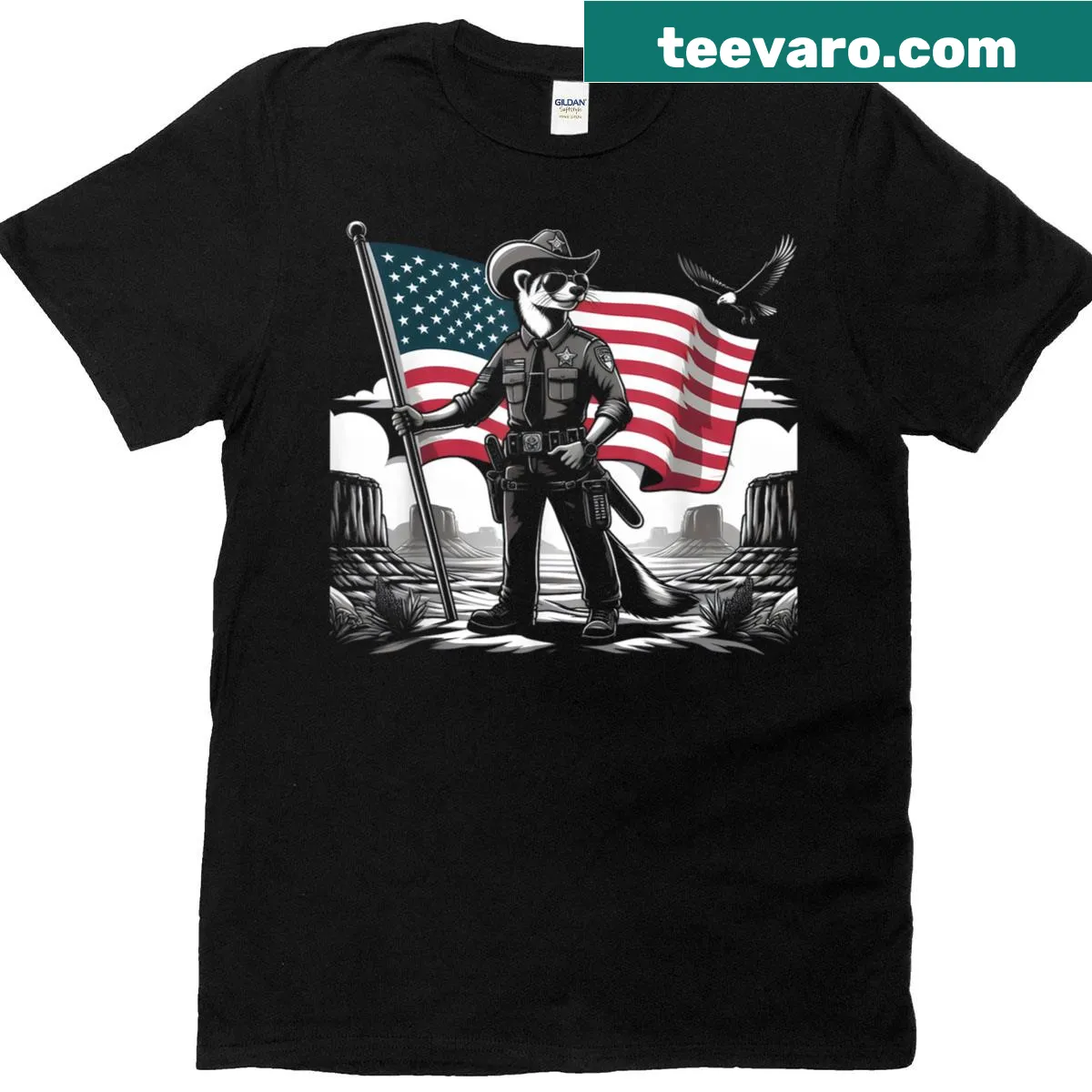 Vintage ferret cowboy t-shirt with American flag design — on a men's t-shirt