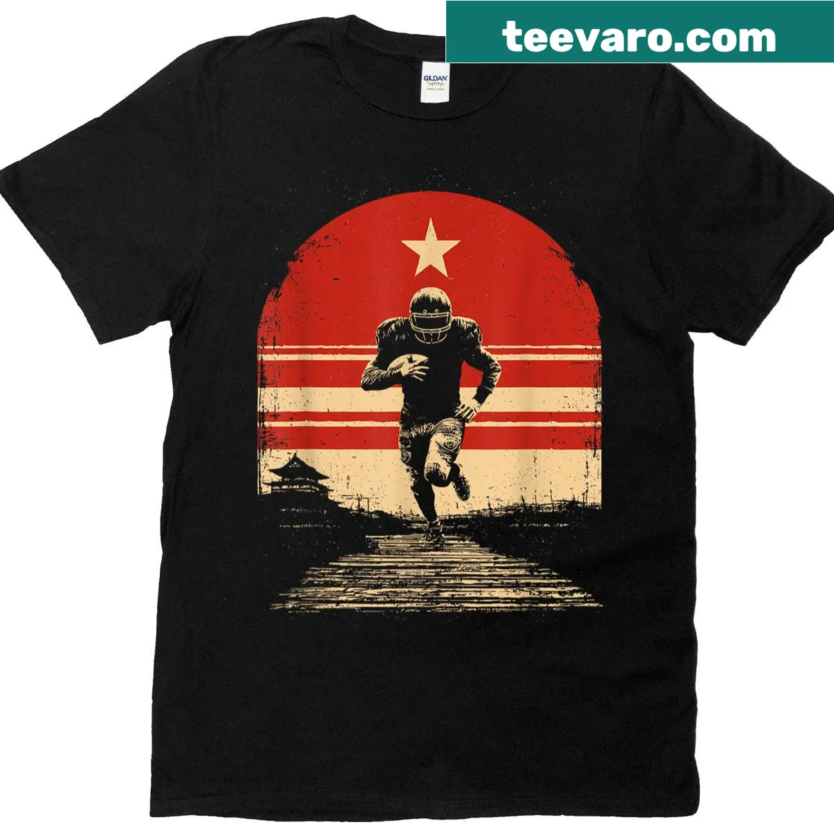 Retro football player samurai graphic on vintage-style t-shirt — on a men's t-shirt