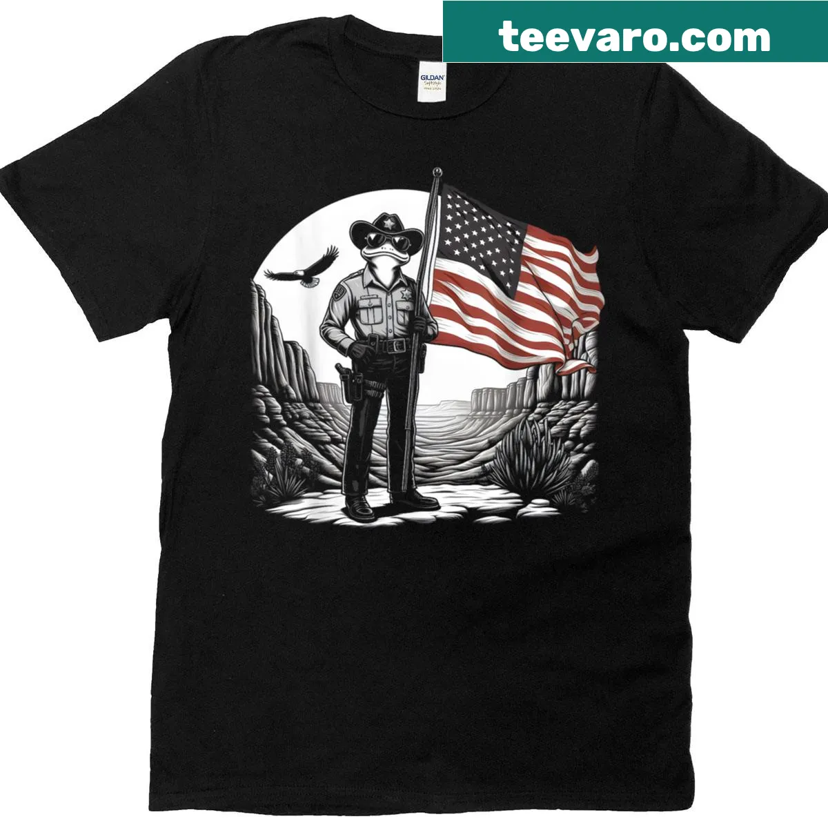 Whimsical cowboy frog graphic T-shirt with American flag. — on a men's t-shirt