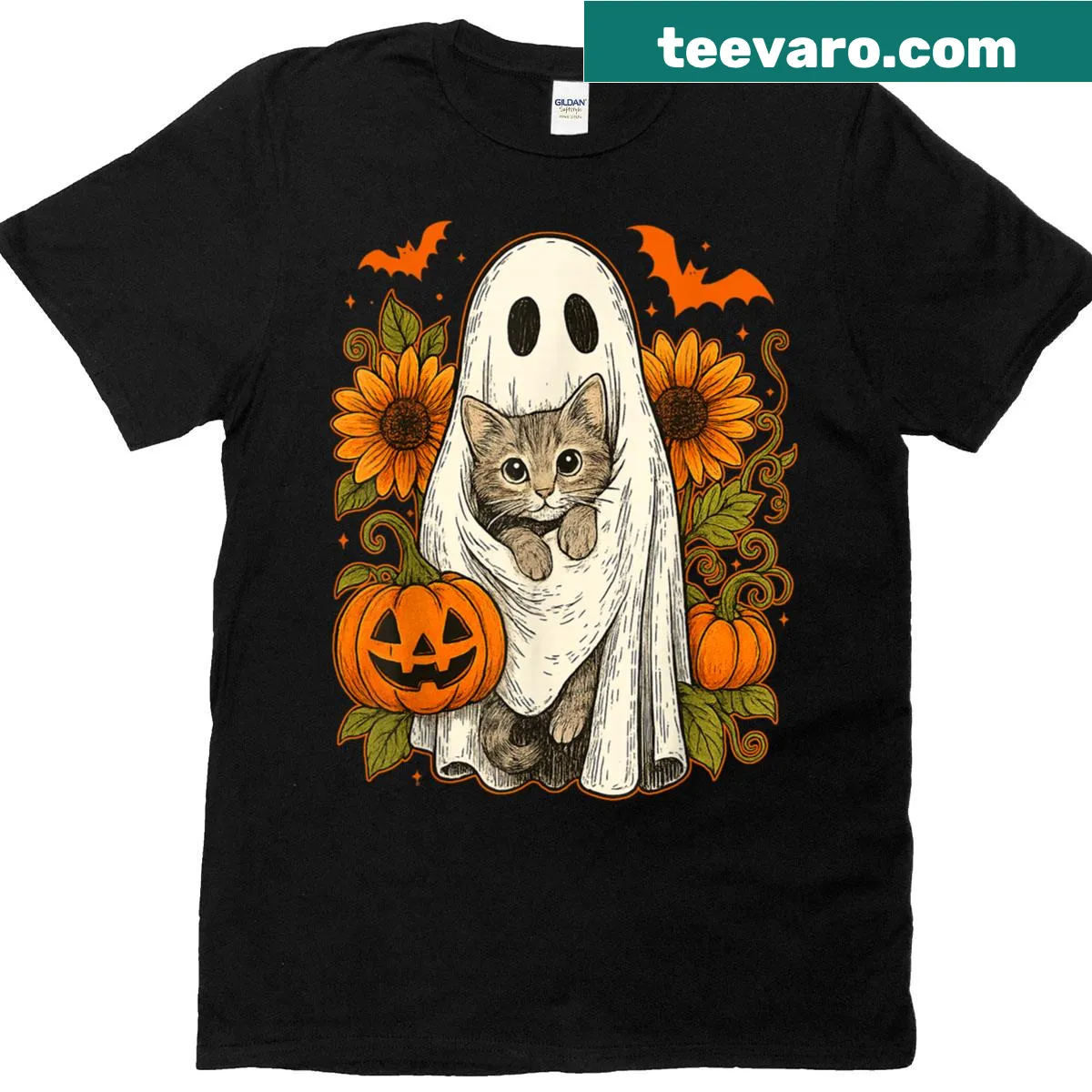 Halloween T-shirt with ghost holding a black cat and floral design — on a men's t-shirt