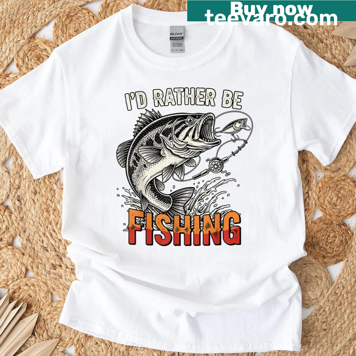 Distressed fishing graphic t-shirt with a bass illustration and text — on a men's t-shirt