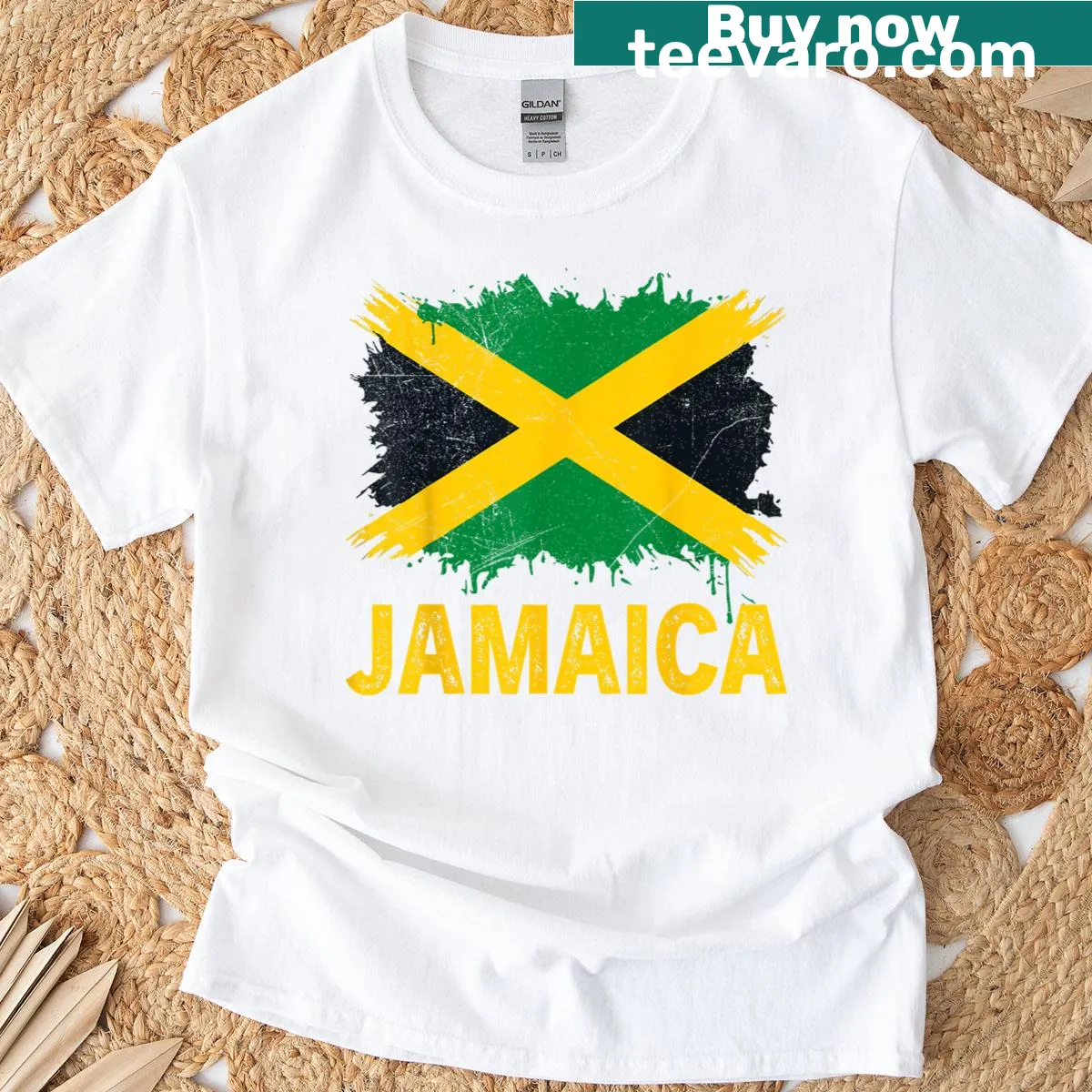 Vintage Jamaican flag design on a distressed independence-themed T-shirt — on a men's t-shirt