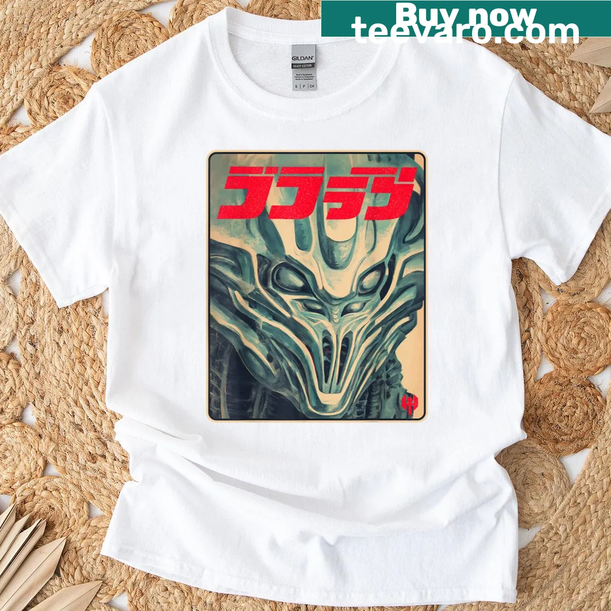 Vintage Japanese-inspired mecha alien graphic T-shirt — on a men's t-shirt