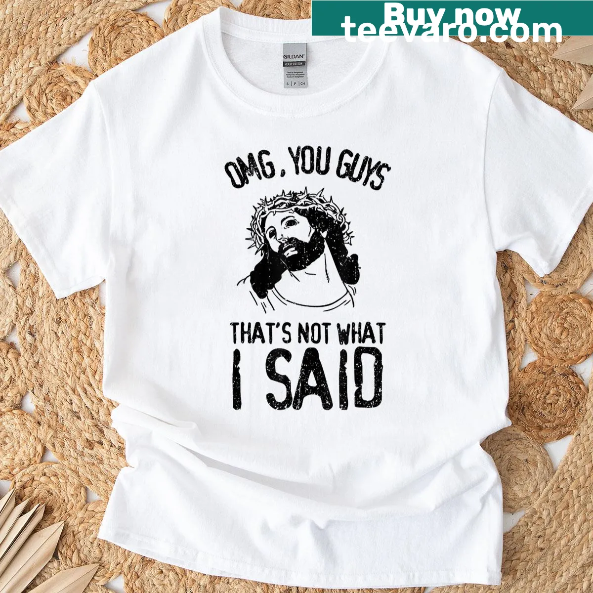 Humorous vintage Jesus graphic with text on a T-shirt — on a men's t-shirt