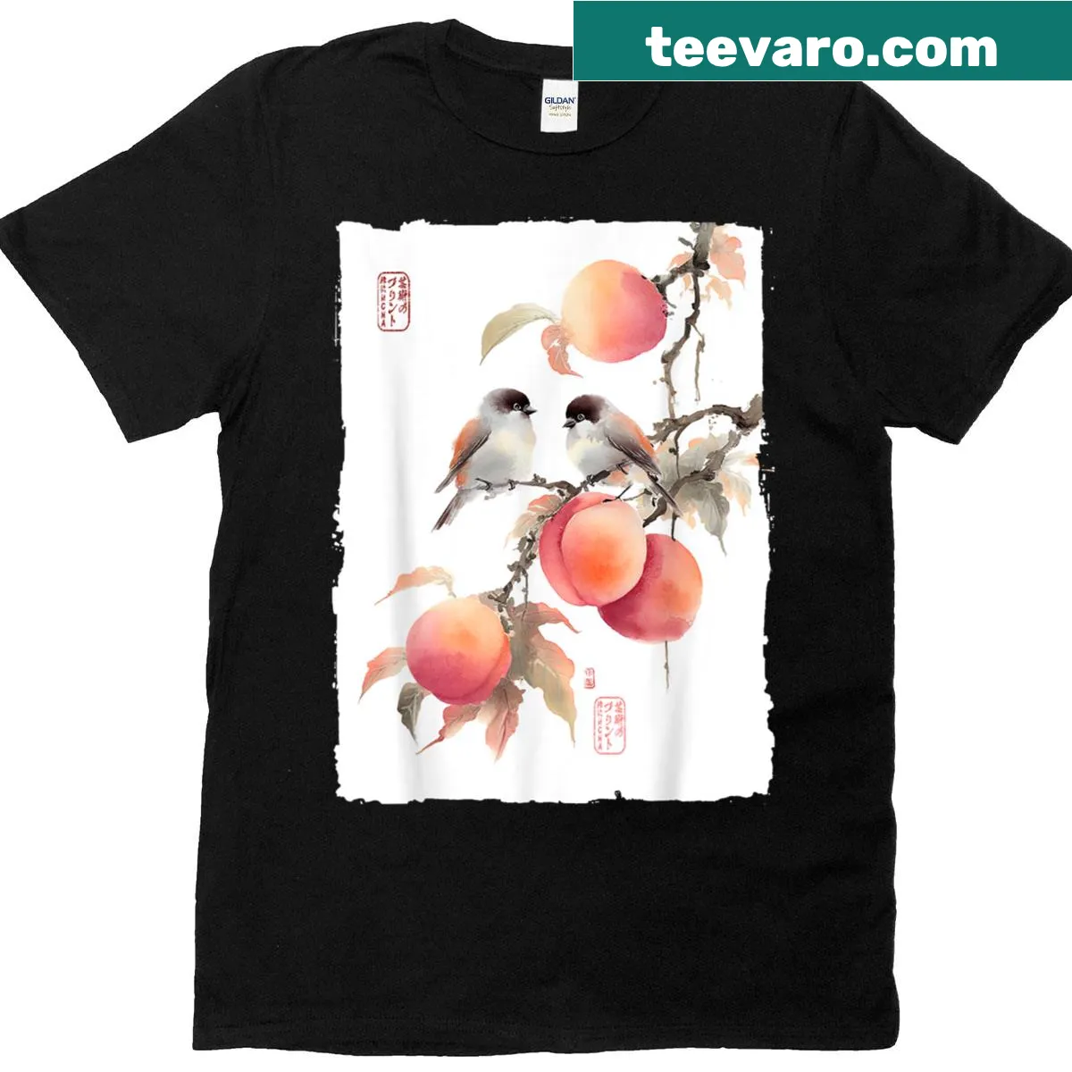 Vintage-inspired art graphic T-shirt with peaches and birds — on a men's t-shirt