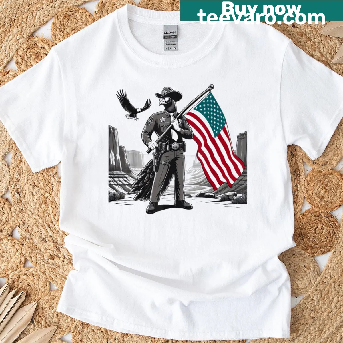 Vintage t-shirt featuring a peacock and American flag design — on a men's t-shirt