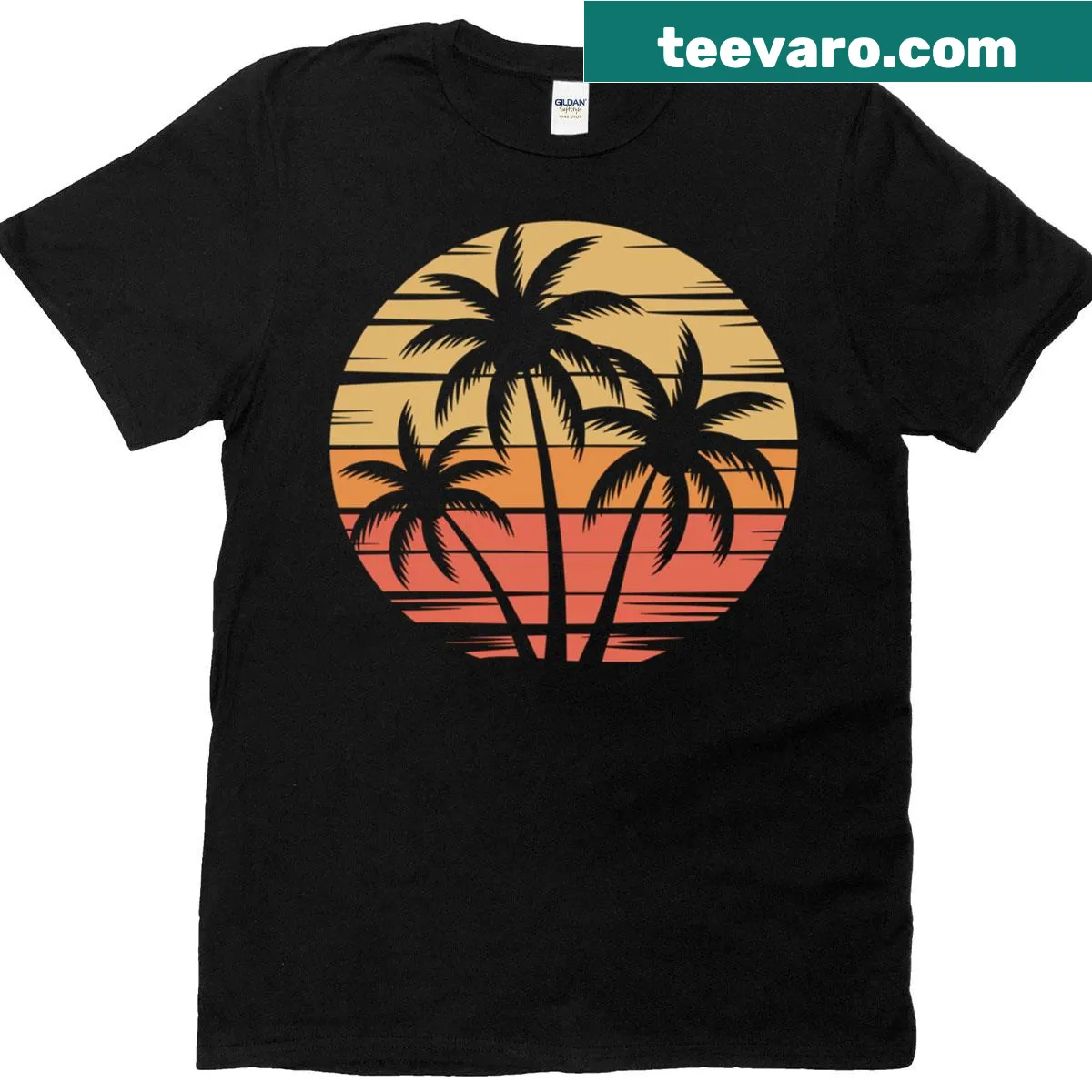 Vintage retro T-shirt with palm trees and sunset graphic — on a men's t-shirt