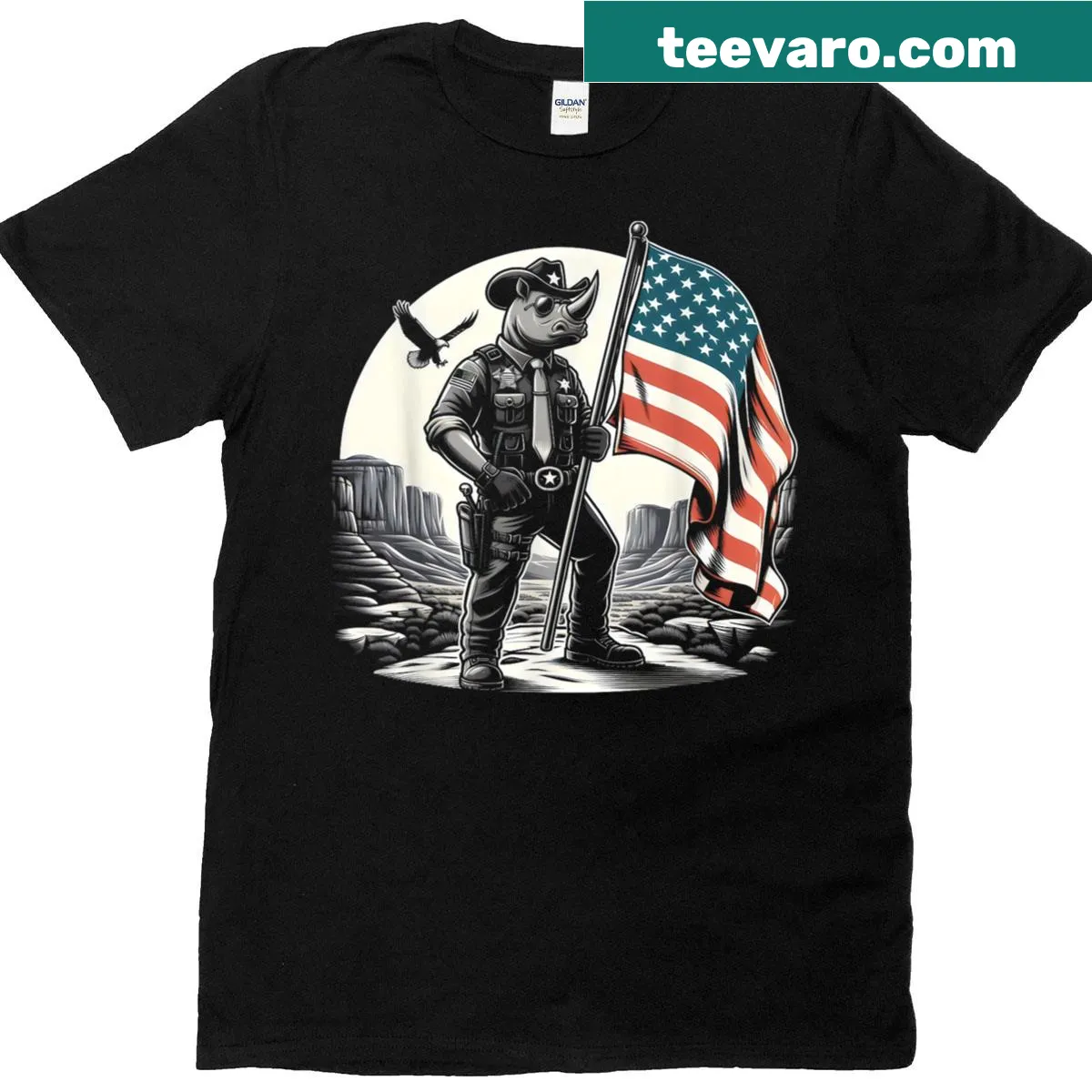Vintage T-shirt featuring a rhino with cowboy hat and American flag — on a men's t-shirt