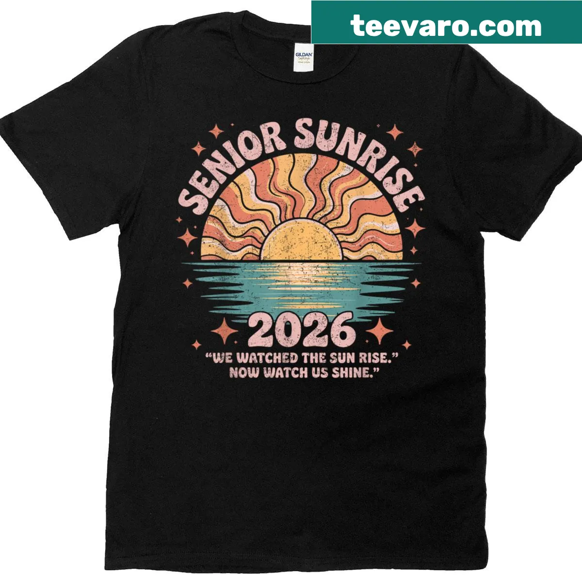 Vintage graduation t-shirt with sunrise and 2026 Seniors text — on a men's t-shirt