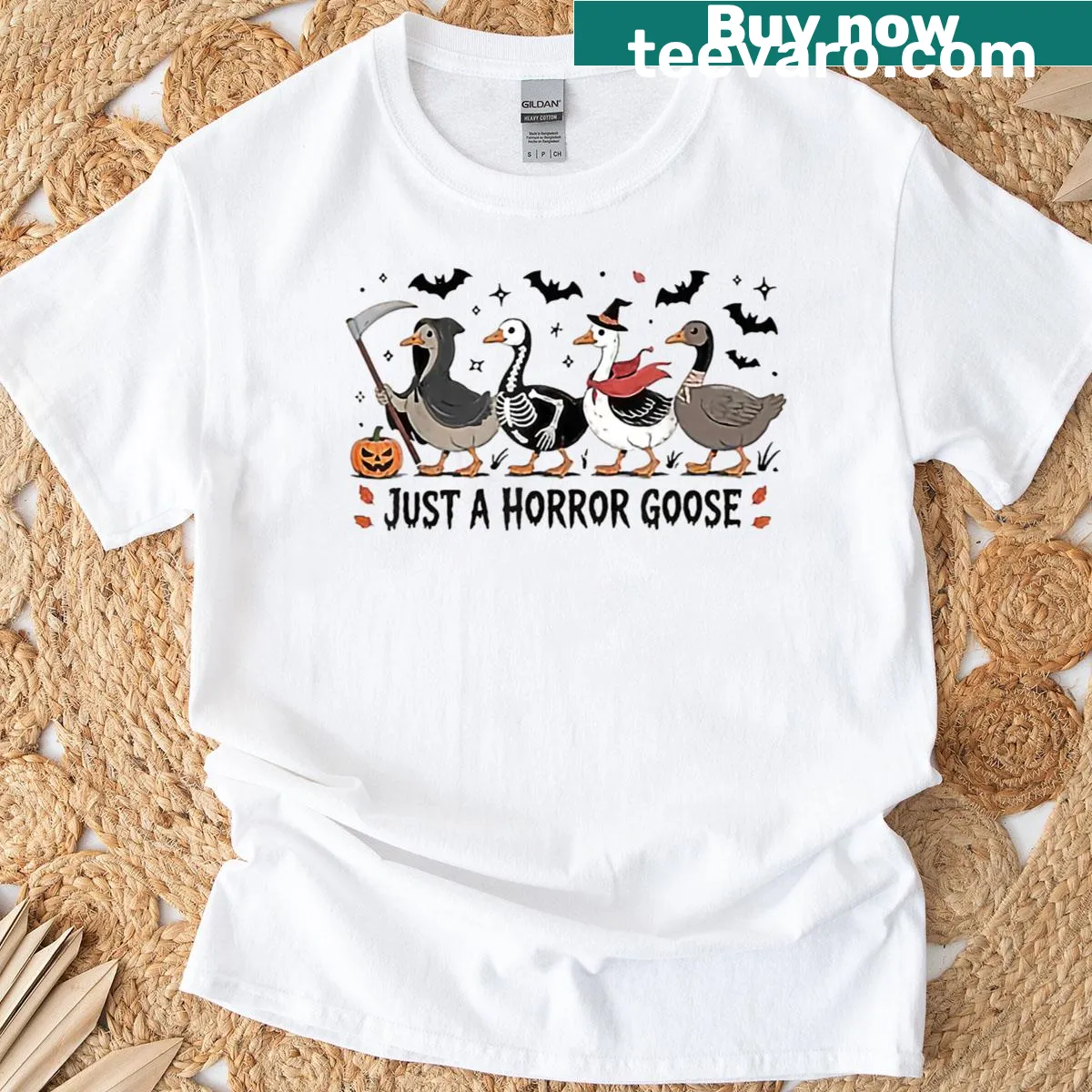 Vintage Halloween t-shirt featuring a humorous goose design. — on a men's t-shirt