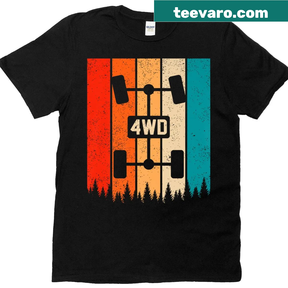 Retro graphic of UTV, ATV, and quad vehicles on a sunset shirt — on a men's t-shirt