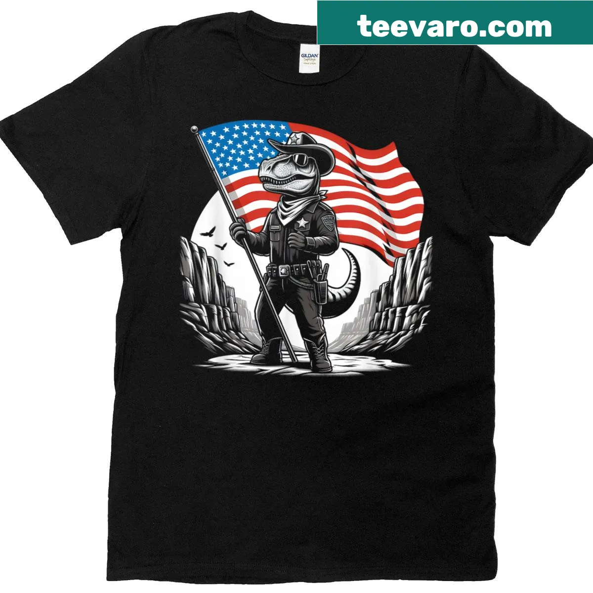 Vintage T-rex cowboy shirt with American flag design — on a men's t-shirt