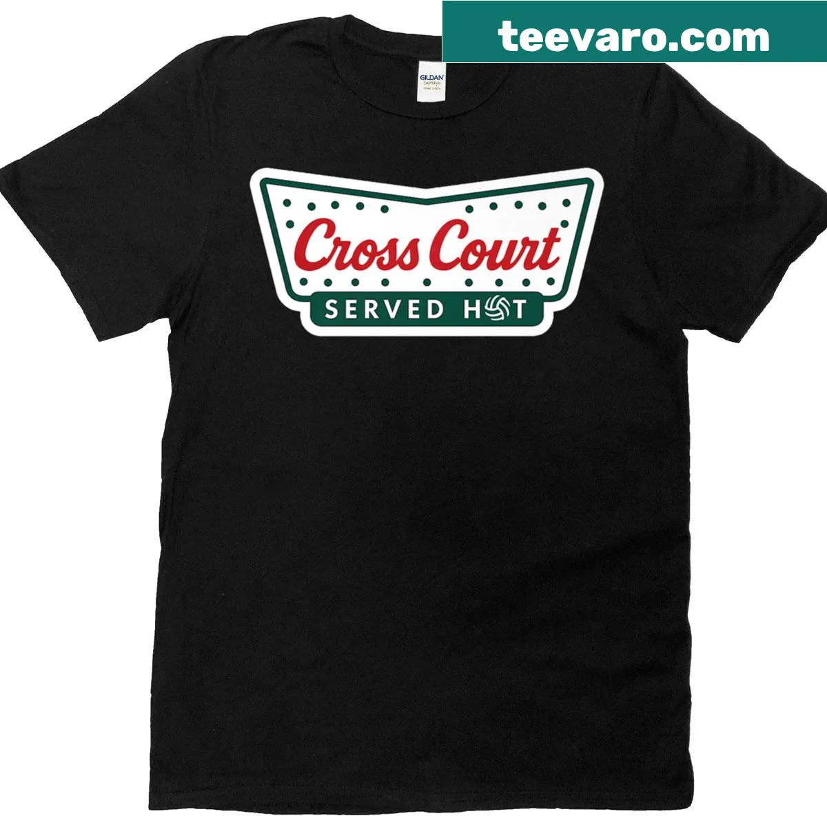 Retro volleyball t-shirt with cross court serve design — on a men's t-shirt
