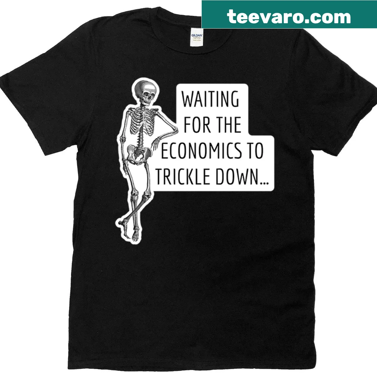 Skeleton with empty pockets T-shirt depicting trickle-down economics — on a men's t-shirt
