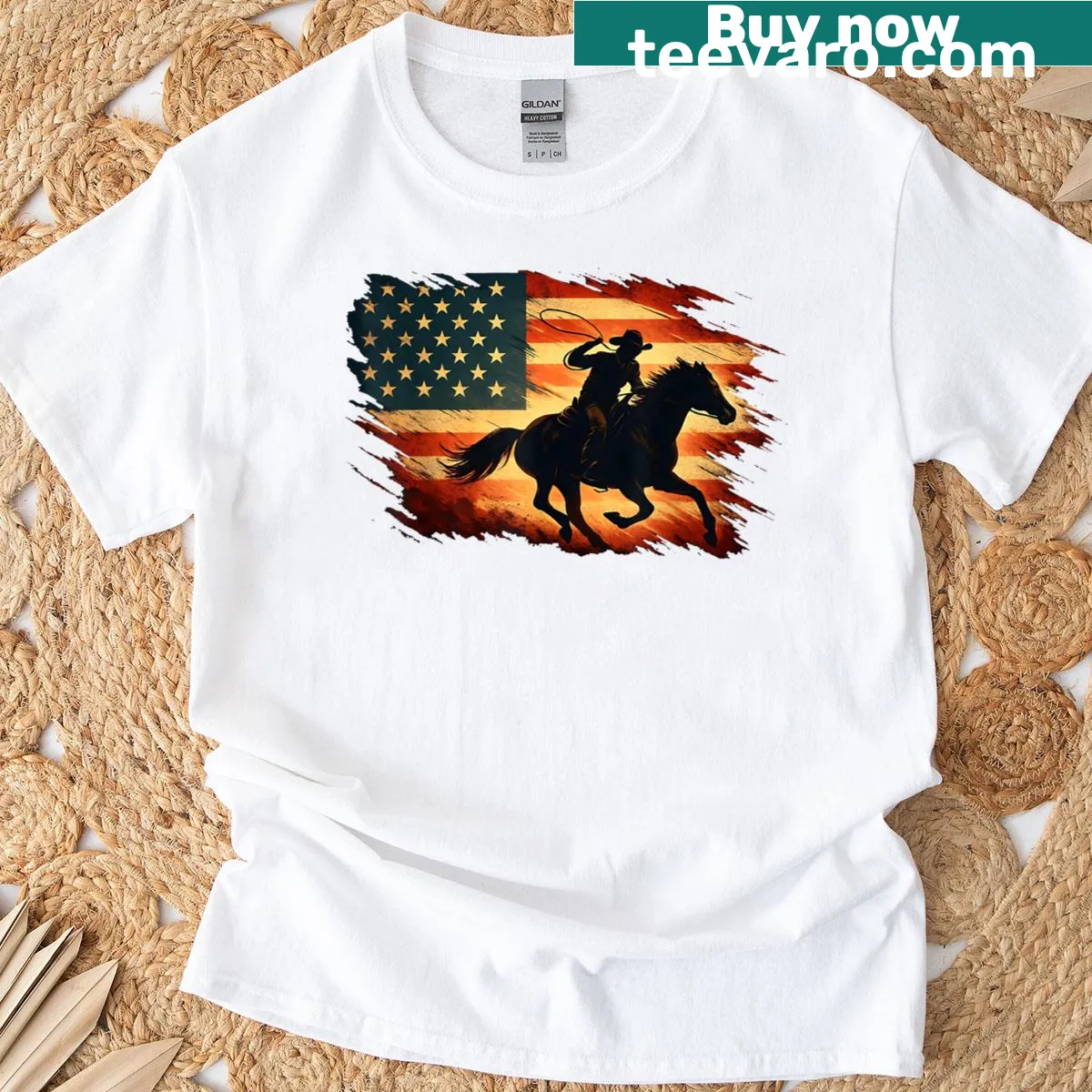 Vintage cowboy rider graphic with flag design on a t-shirt — on a men's t-shirt