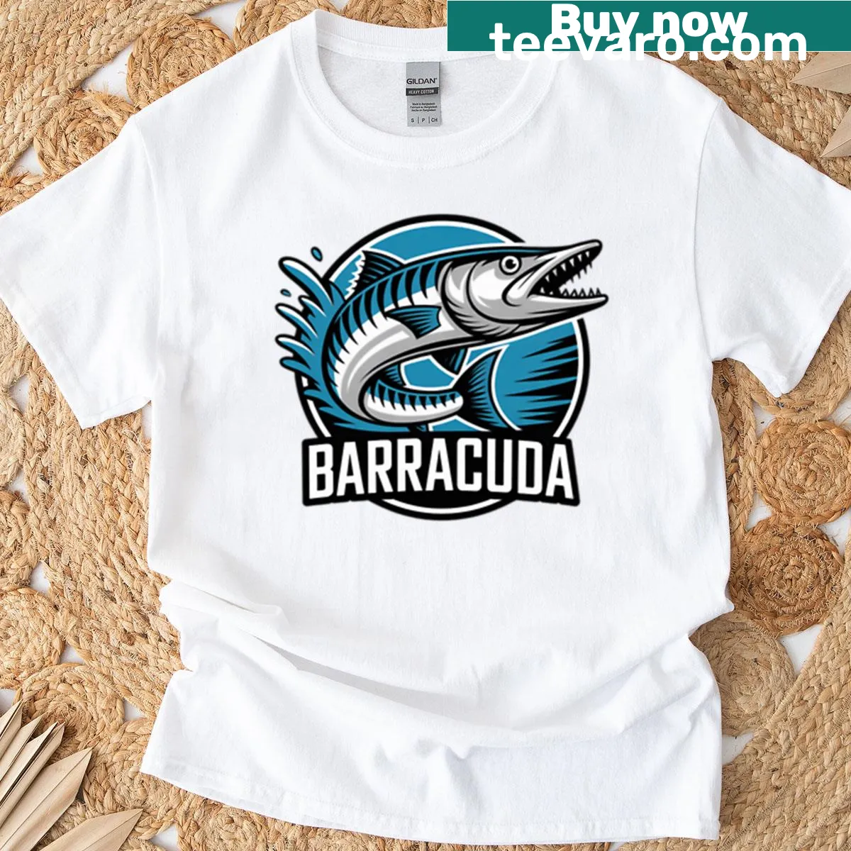 Wild Barracuda fishing logo t-shirt for marine adventure lovers — on a men's t-shirt