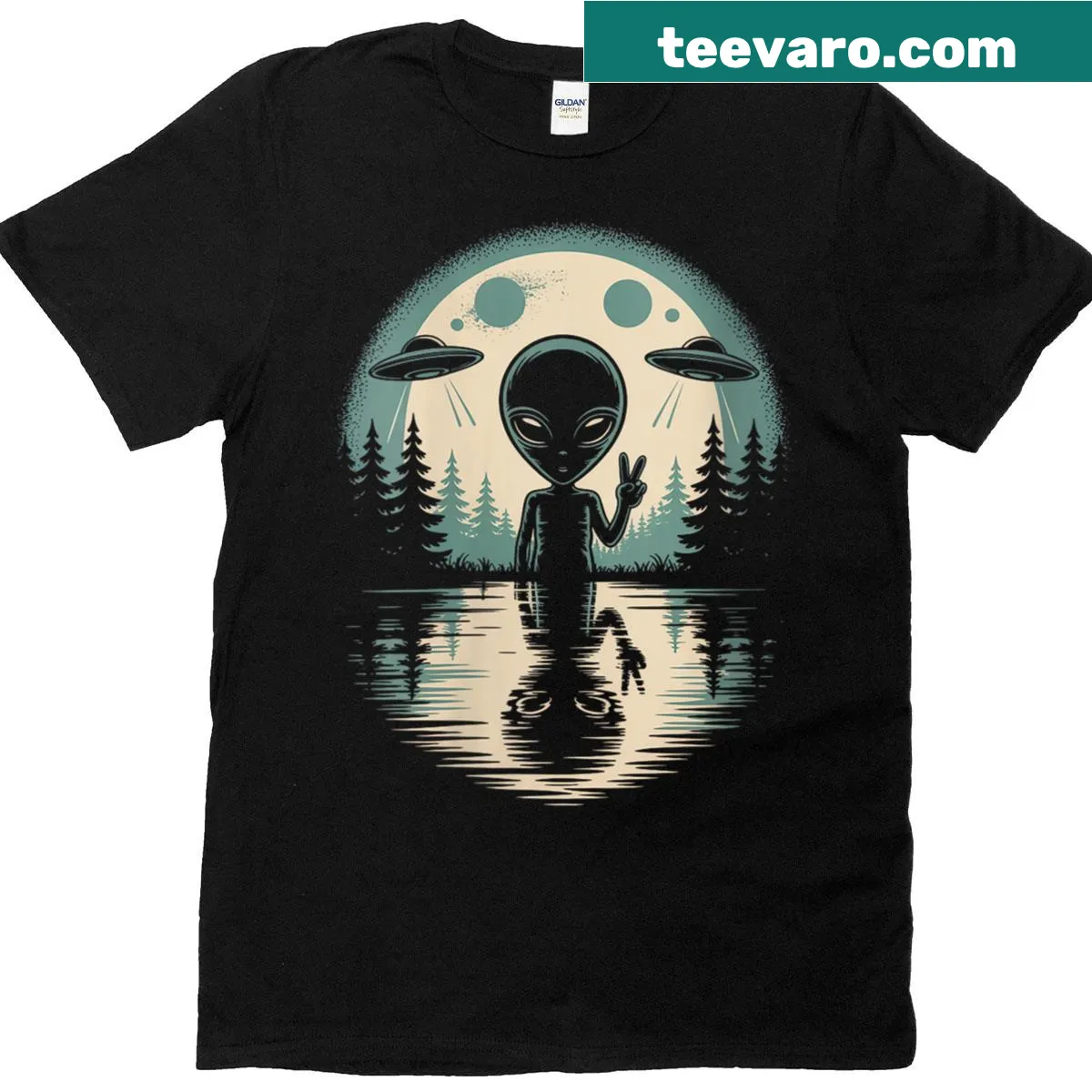 Vintage Alien UFO T-shirt with extraterrestrial and moon design — on a men's t-shirt