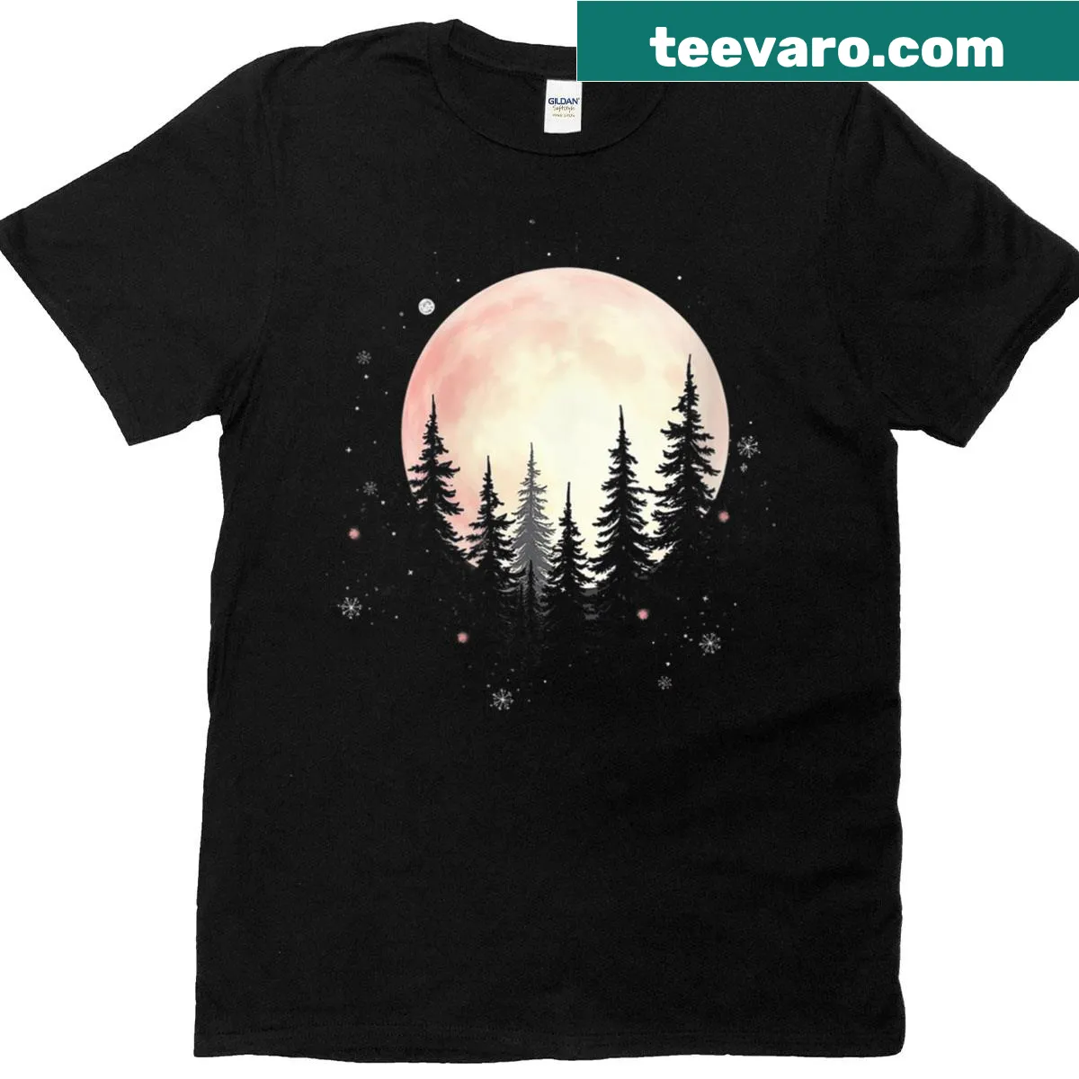Distressed minimalist tee with full moon and pine tree design — on a men's t-shirt