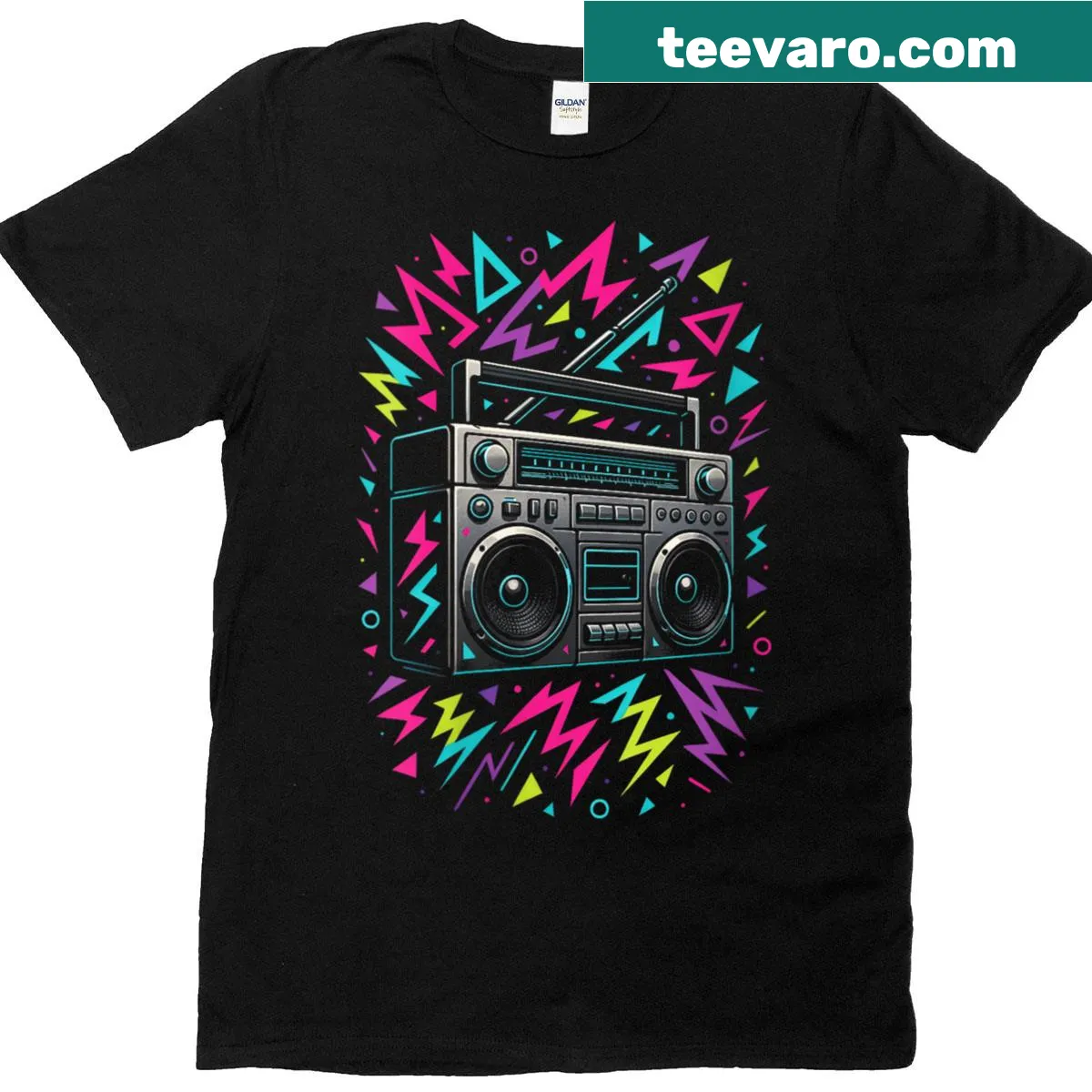 Womens T-shirt featuring vintage 80s music retro art — on a men's t-shirt