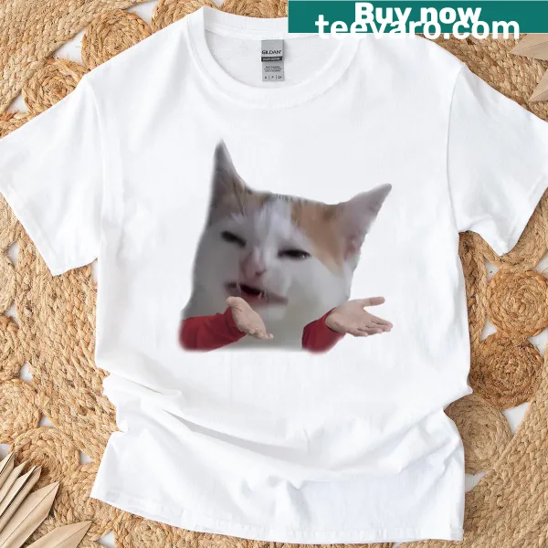 Cute confused cat cartoon logo on a t-shirt.
