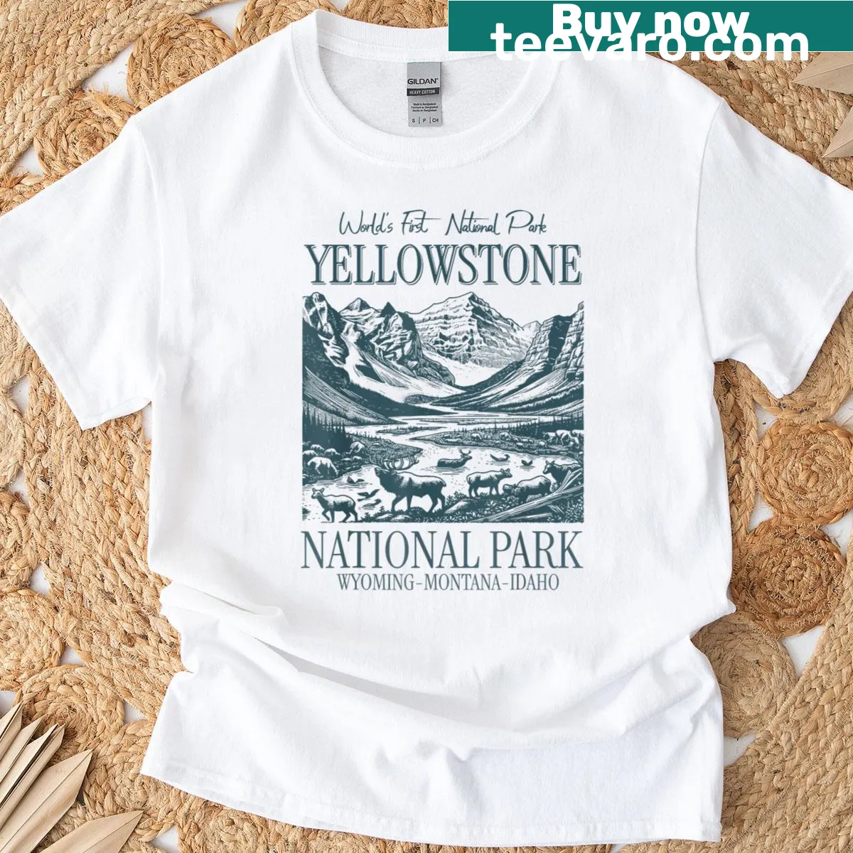 Vintage Yellowstone National Park hiking camp t-shirt — on a men's t-shirt