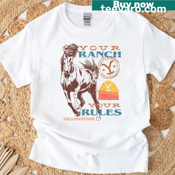 Distressed T-shirt with 'Your Ranch Your Rules' logo for a laid-back vibe