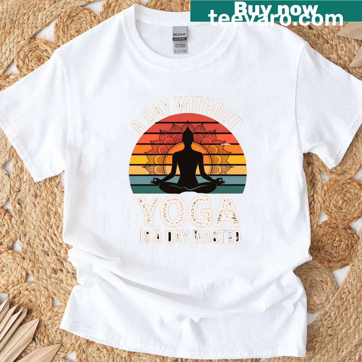 Vintage sunset mandala design for mindfulness printed on a t-shirt — on a men's t-shirt