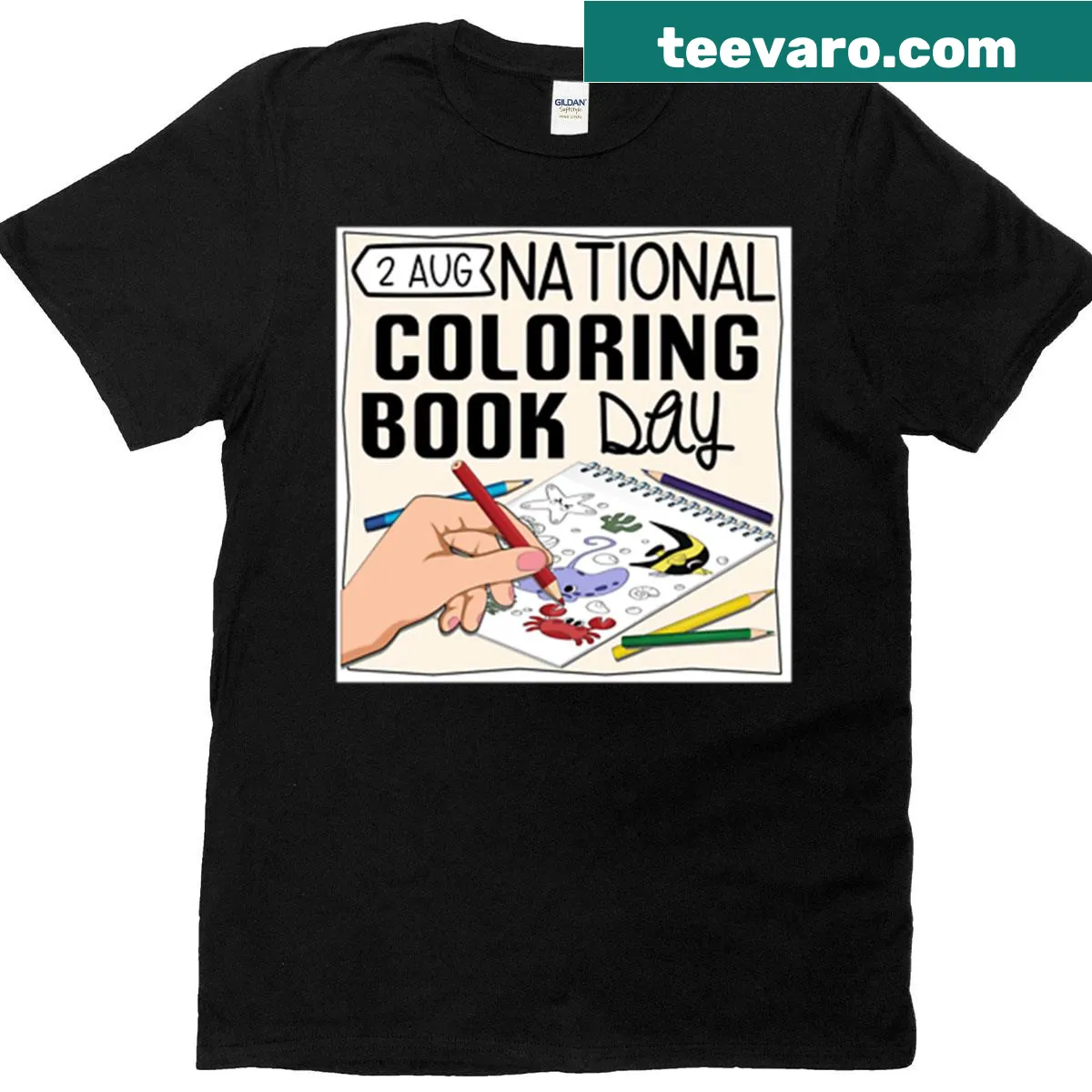Wacky holidays t-shirt featuring a cartoon design for National Coloring Book Day. — on a men's t-shirt