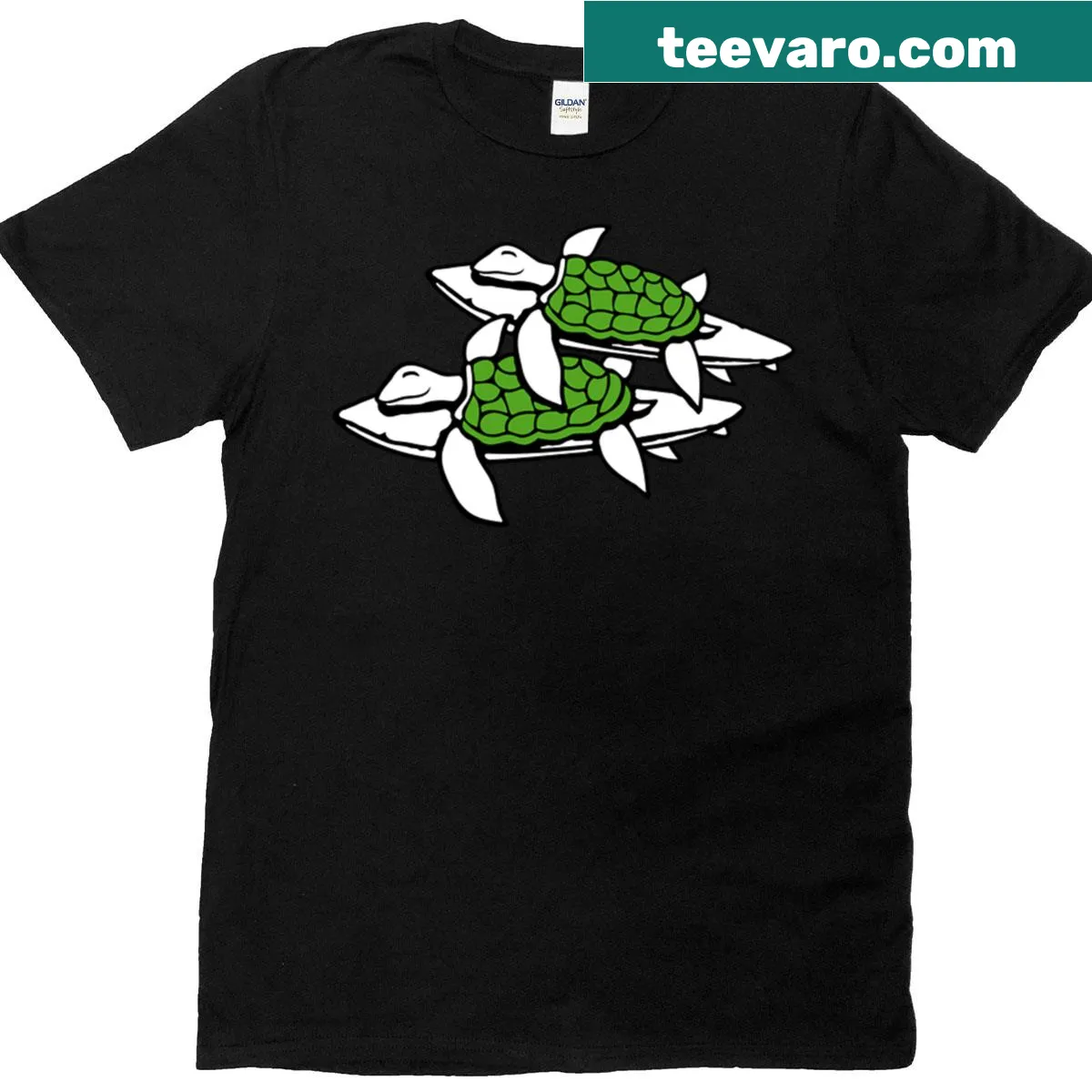 Playful design of surfing turtles riding waves on a t-shirt. — on a men's t-shirt