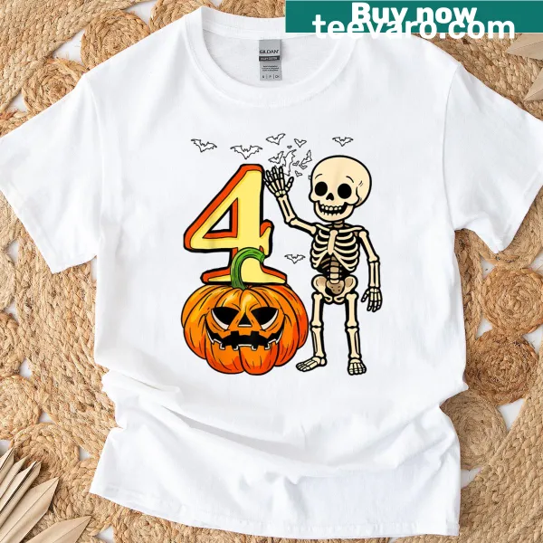 Skeleton and pumpkin illustration on a birthday-themed Halloween T-shirt.