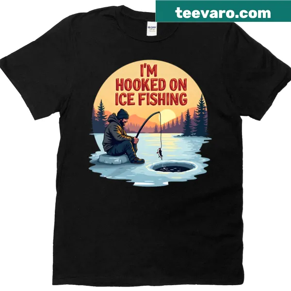 Illustration of a man ice fishing against a winter backdrop