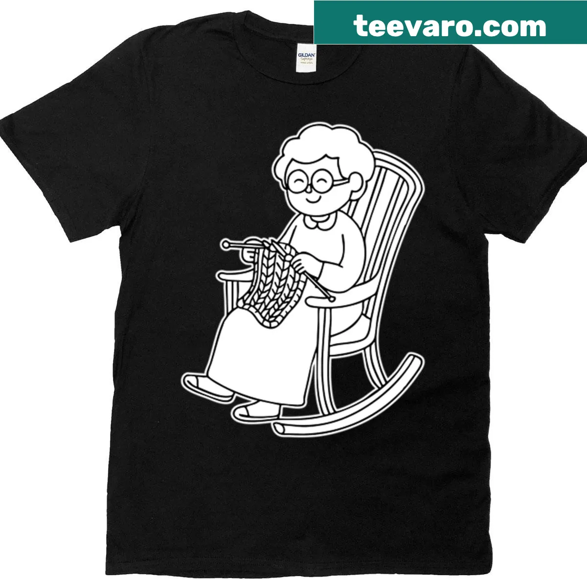 Illustration of a grandmother knitting in a rocking chair on a T-shirt — on a men's t-shirt