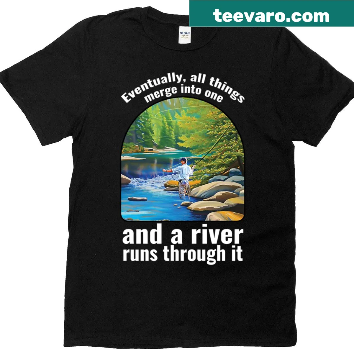 Illustrative nature t-shirt featuring a river scene. — on a men's t-shirt