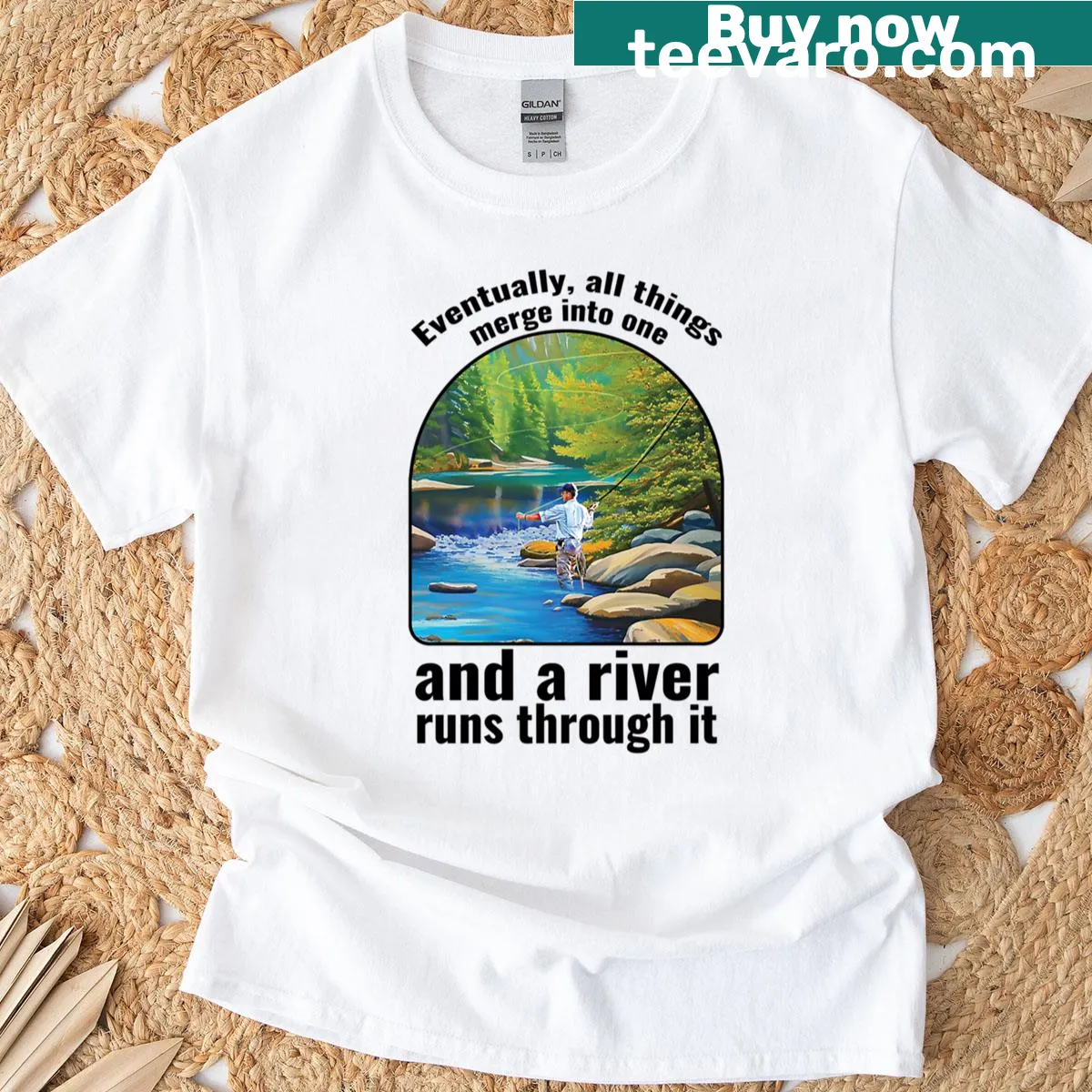 Illustrated river scene design on a t-shirt — on a men's t-shirt