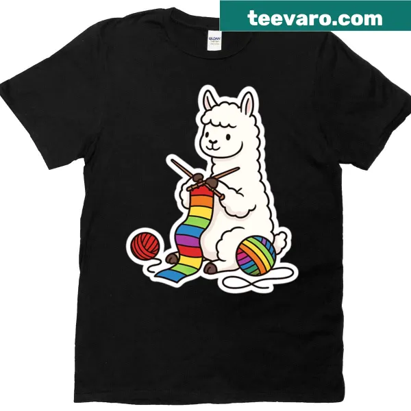 Whimsical alpaca knitting a scarf design on a T-shirt