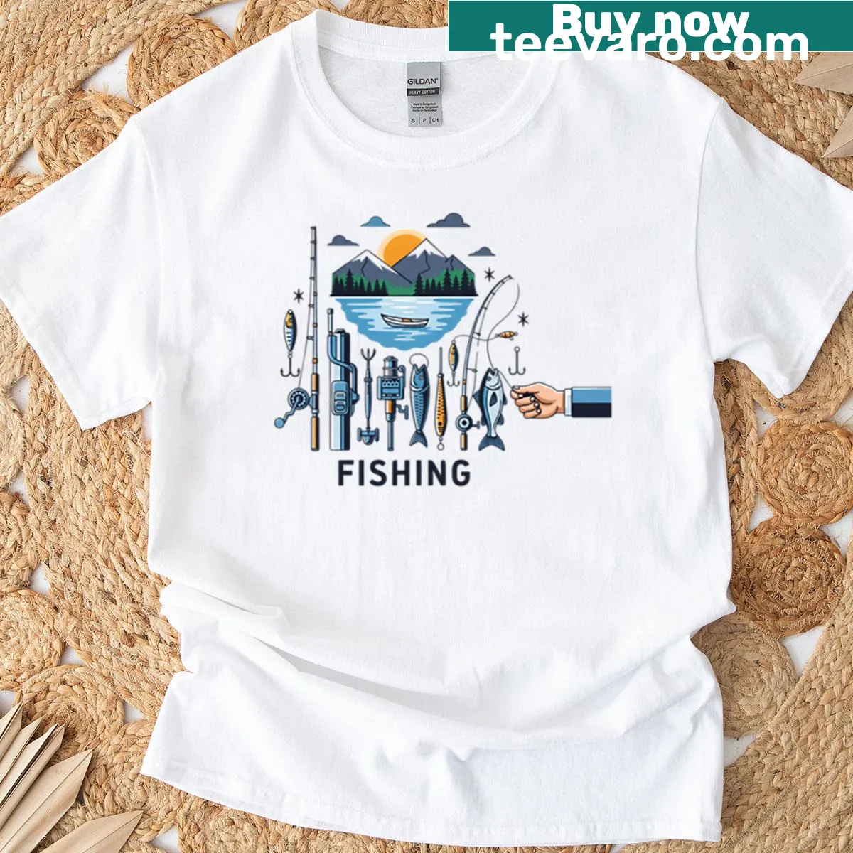 Vintage illustration of a mountain lake on an Anglers Paradise t-shirt — on a men's t-shirt