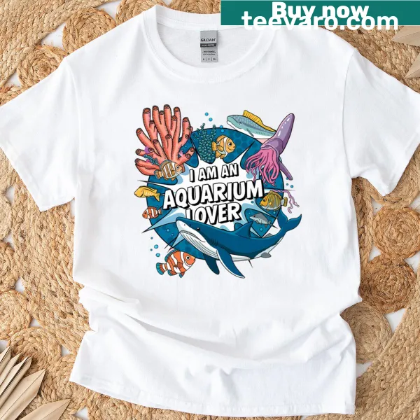 Cartoon-style T-shirt featuring various fish and sea creatures