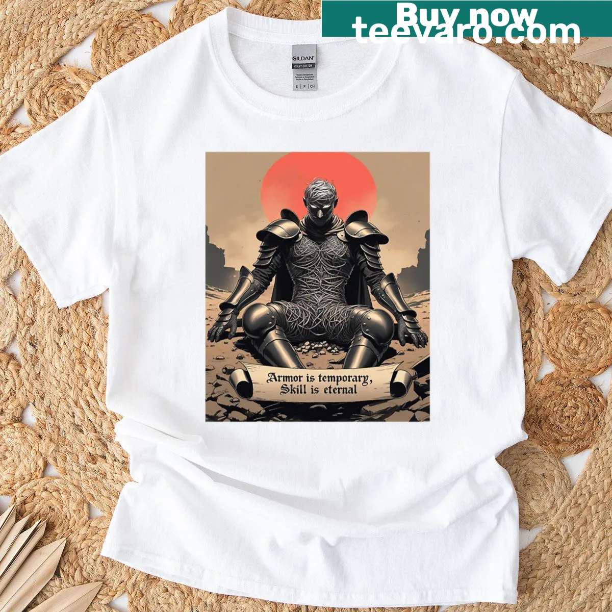 Motivational T-shirt with 'Armor Is Temporary Skill Is Eternal' motto — on a men's t-shirt